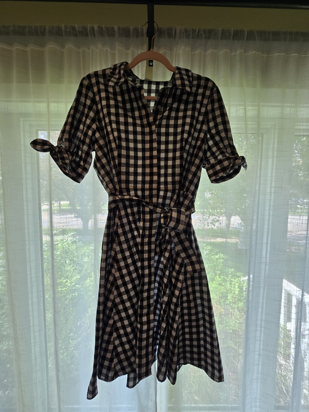 NWT Calvin Klein Gingham Shirt Dress Black White Tie Sleeve Belted Mid 10 $119